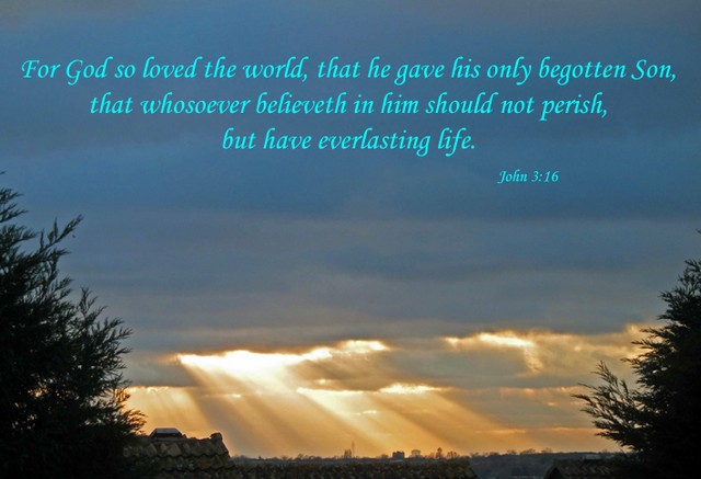 Text of John 3:16 and sun through clouds. Copyright Mick Brandon 2008