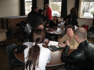 Image of some group members at tea in the Becket Centre after 10am Mass.